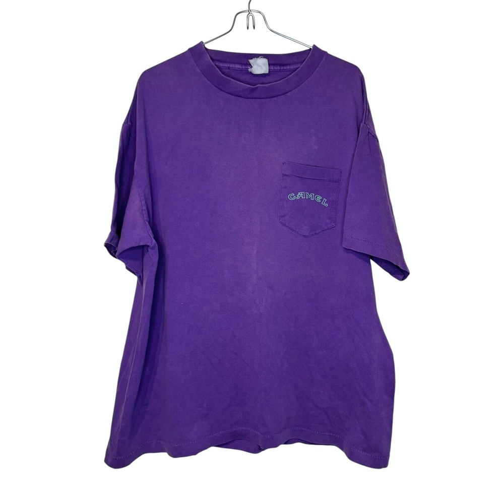 Camel Men T-Shirt Vintage 90s Pocket Stitch Camel Logo Short Sleeve Purple Large